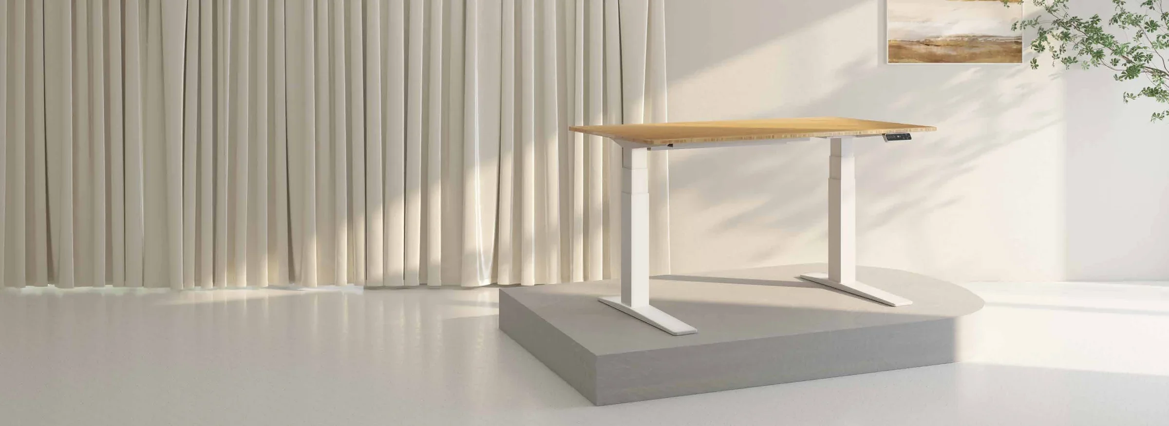 A white-frame desk with an oak-look top standing on a pale plinth in a quiet room with sheer curtains.