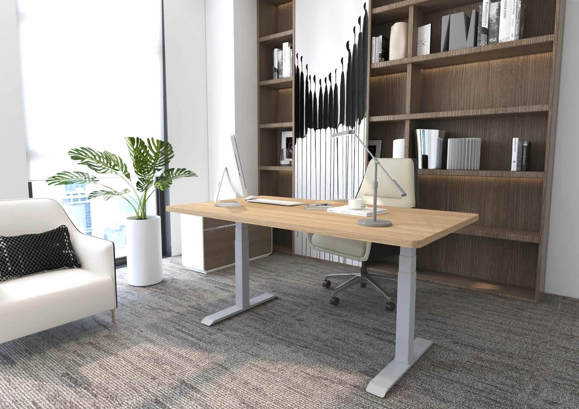 A FlexiSpot E7 electric standing desk with a light-grey frame and an oak-look top in a bright study, in front of a tall walnut bookcase.