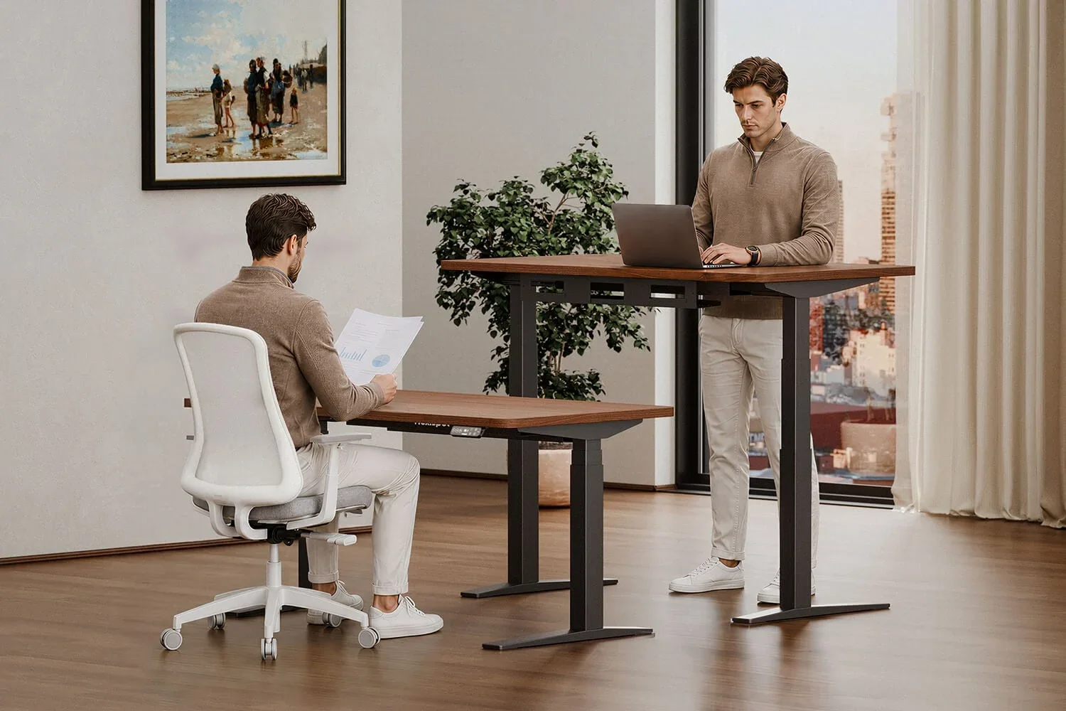 E7 Pro electric standing desk. Two black-frame walnut desks, one man seated reading at a low desk and one standing with a laptop at a raised desk with under-desk cable tray, city window behind; no text.