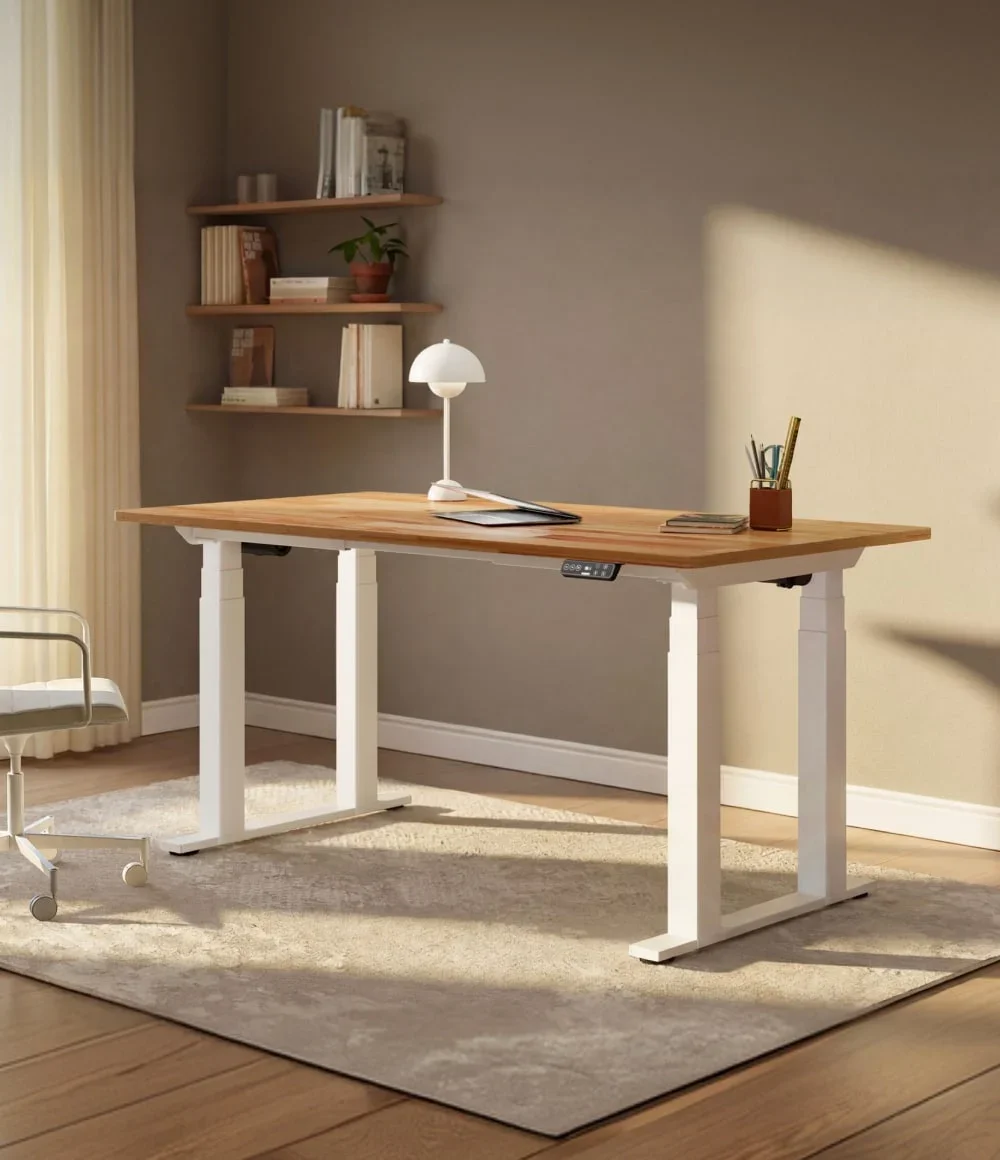 A white four-leg electric standing desk with a warm wood top in a sunlit study with floating shelves and a mushroom lamp.