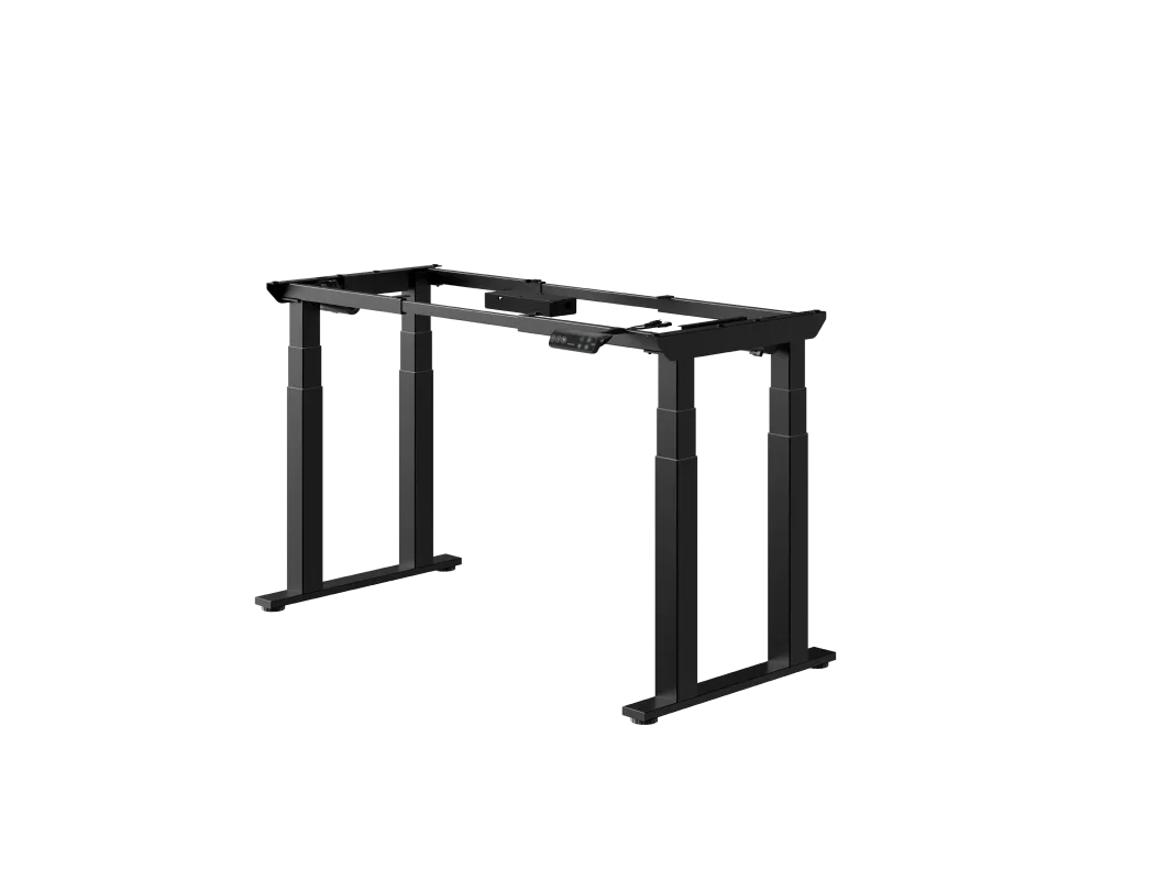 E7 Plus electric standing desk. Black E7 Plus four-leg frame only, three-quarter view on a light grey background.